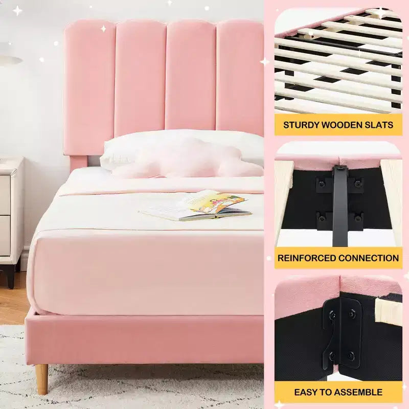 Twin Bed Frame, Velvet Upholstered Platform Bed with Wave Headboard for Girls/Kids, Easy Assembly, Wooden Slats Support, No Box Spring Needed, Pink