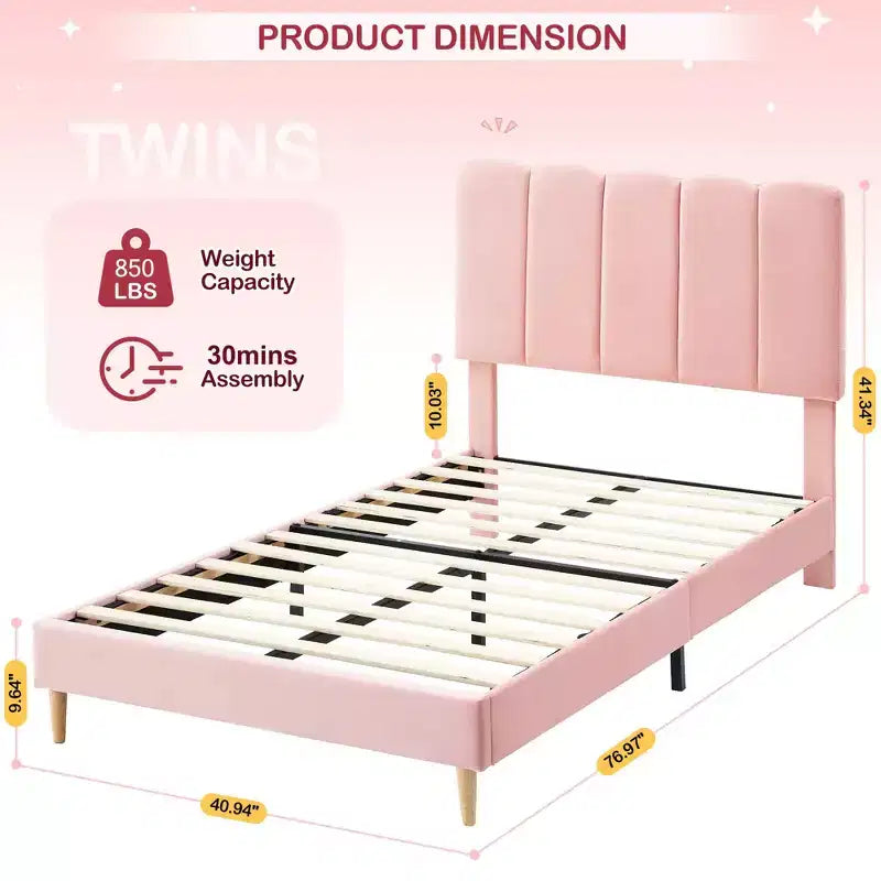 Twin Bed Frame, Velvet Upholstered Platform Bed with Wave Headboard for Girls/Kids, Easy Assembly, Wooden Slats Support, No Box Spring Needed, Pink