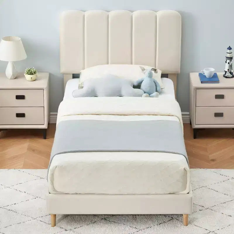 Twin Bed Frame, Velvet Upholstered Platform Bed with Wave Headboard for Girls/Kids, Easy Assembly, Wooden Slats Support, No Box Spring Needed, Pink