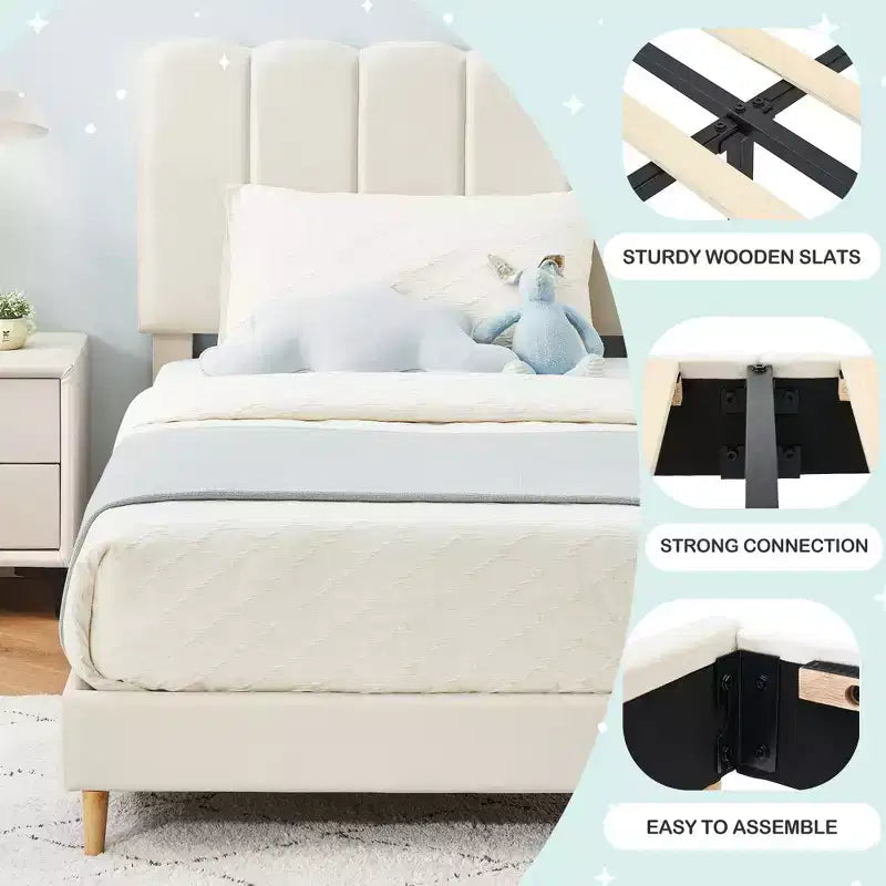 Twin Bed Frame, Velvet Upholstered Platform Bed with Wave Headboard for Girls/Kids, Easy Assembly, Wooden Slats Support, No Box Spring Needed, Pink