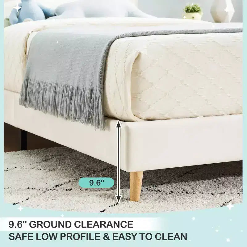 Twin Bed Frame, Velvet Upholstered Platform Bed with Wave Headboard for Girls/Kids, Easy Assembly, Wooden Slats Support, No Box Spring Needed, Pink