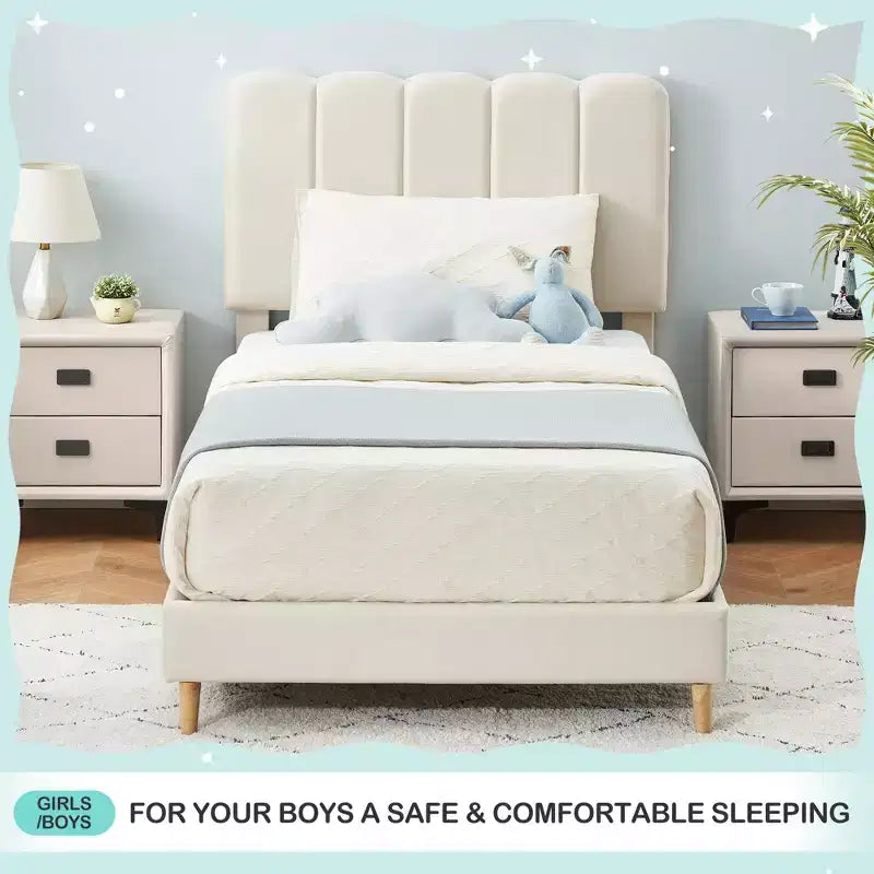 Twin Bed Frame, Velvet Upholstered Platform Bed with Wave Headboard for Girls/Kids, Easy Assembly, Wooden Slats Support, No Box Spring Needed, Pink