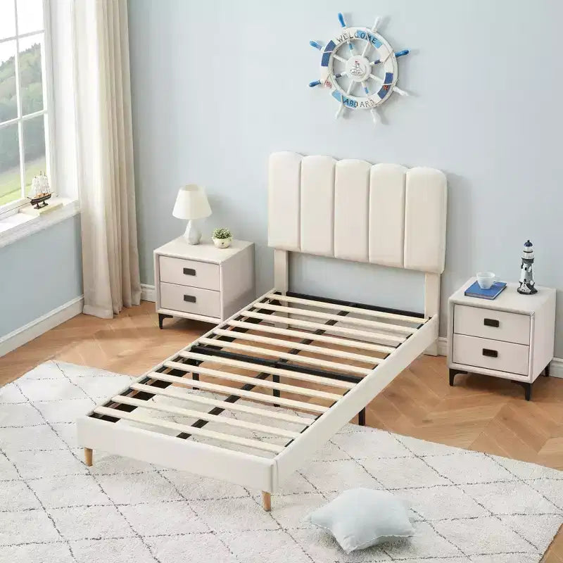Twin Bed Frame, Velvet Upholstered Platform Bed with Wave Headboard for Girls/Kids, Easy Assembly, Wooden Slats Support, No Box Spring Needed, Pink
