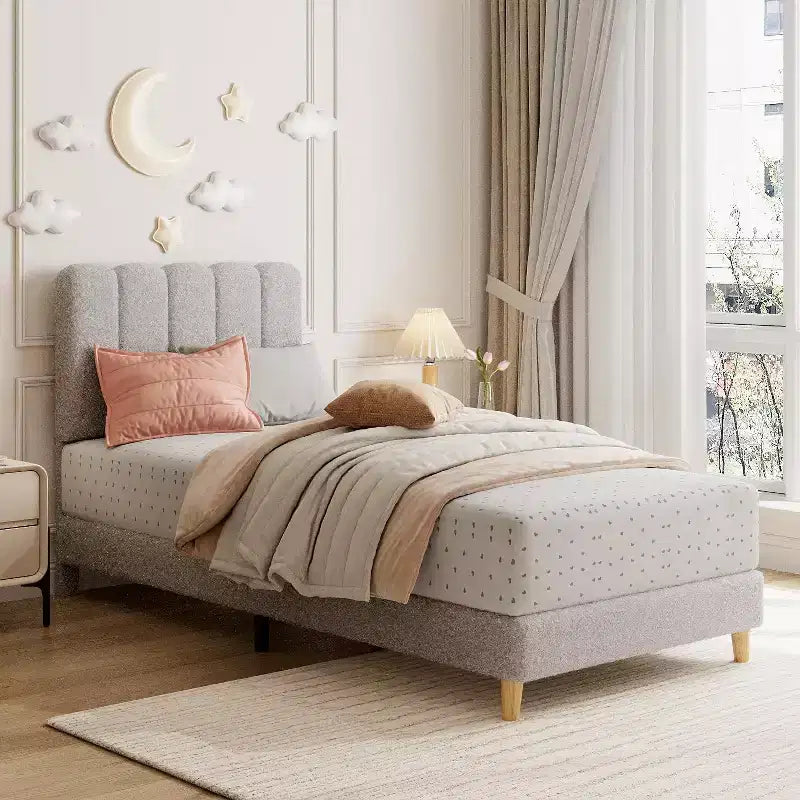 Twin Bed Frame, Velvet Upholstered Platform Bed with Wave Headboard for Girls/Kids, Easy Assembly, Wooden Slats Support, No Box Spring Needed, Pink