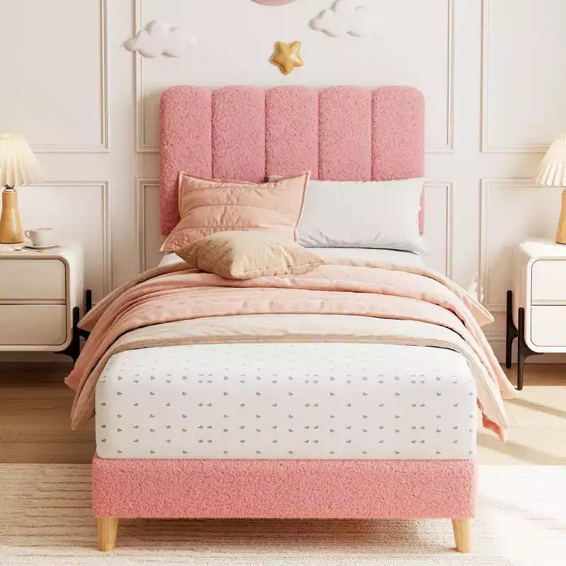 Twin Bed Frame, Velvet Upholstered Platform Bed with Wave Headboard for Girls/Kids, Easy Assembly, Wooden Slats Support, No Box Spring Needed, Pink
