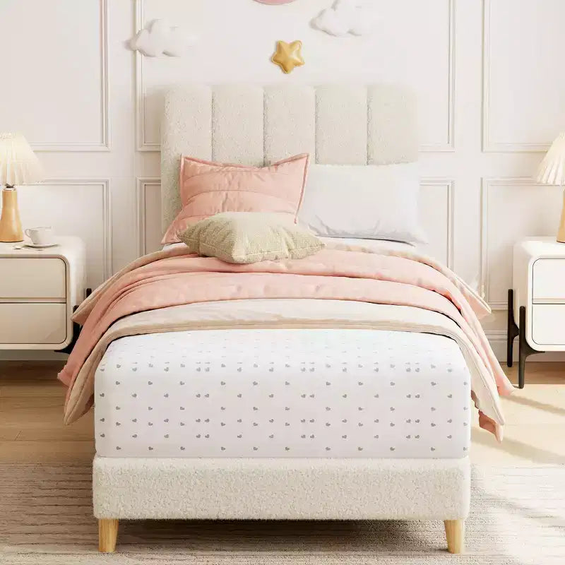 Twin Bed Frame, Velvet Upholstered Platform Bed with Wave Headboard for Girls/Kids, Easy Assembly, Wooden Slats Support, No Box Spring Needed, Pink