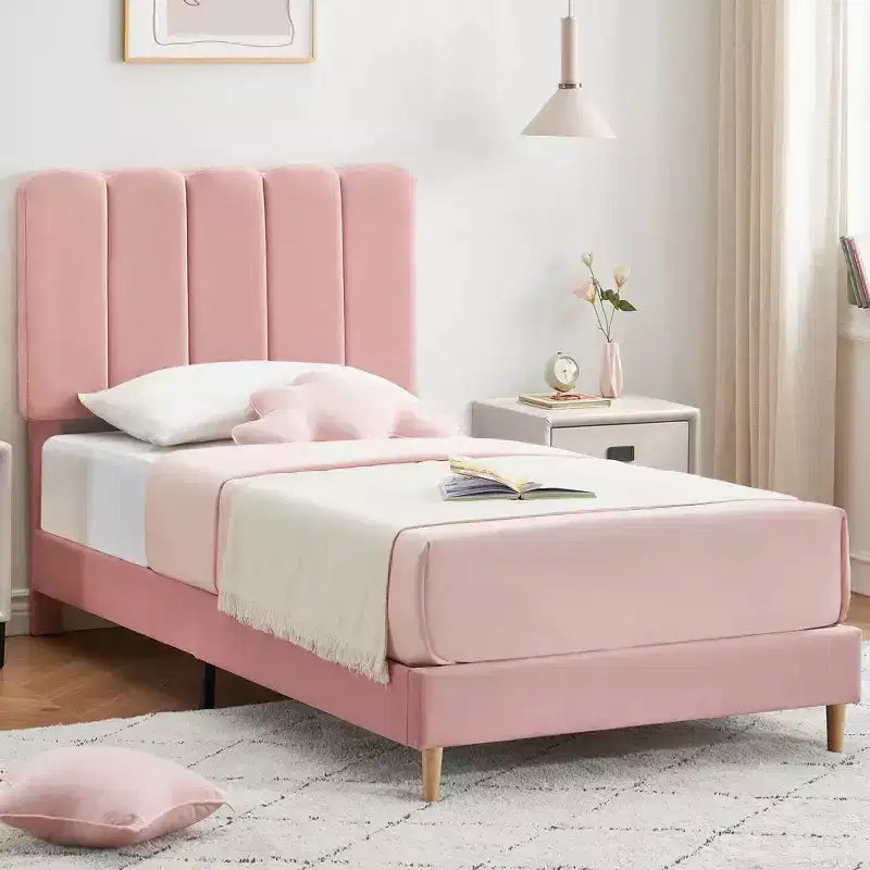 Twin Bed Frame, Velvet Upholstered Platform Bed with Wave Headboard for Girls/Kids, Easy Assembly, Wooden Slats Support, No Box Spring Needed, Pink