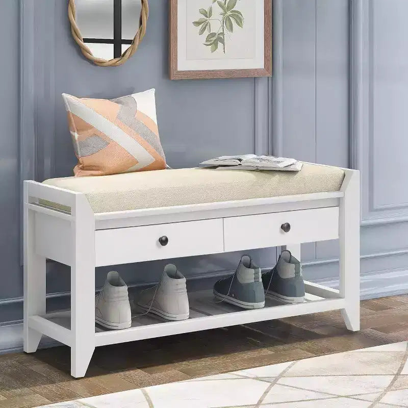 Acekool 35.4 Farmhouse Storage Bench with Cushion, 2-Tier Entryway Bench with Shelf & 2 Drawers for Bedroom, Hallway, Living Room, White
