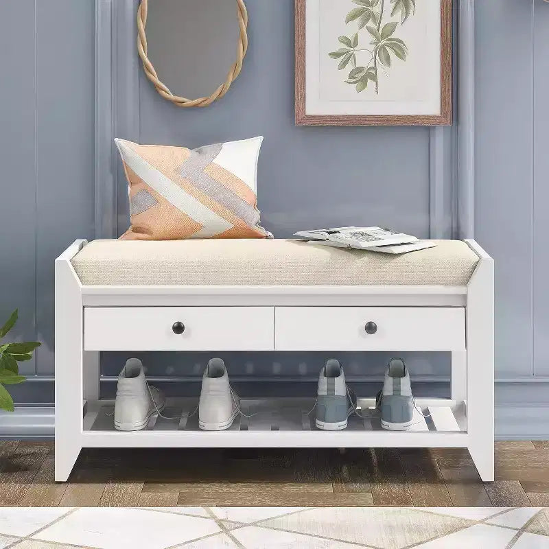 Acekool 35.4 Farmhouse Storage Bench with Cushion, 2-Tier Entryway Bench with Shelf & 2 Drawers for Bedroom, Hallway, Living Room, White