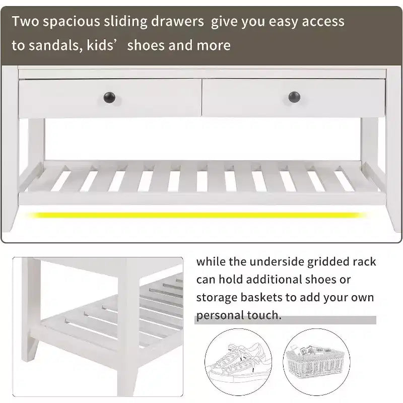 Acekool 35.4 Farmhouse Storage Bench with Cushion, 2-Tier Entryway Bench with Shelf & 2 Drawers for Bedroom, Hallway, Living Room, White