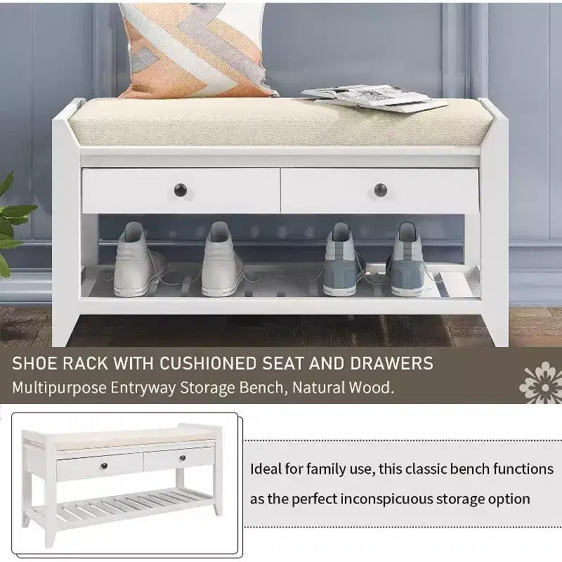 Acekool 35.4 Farmhouse Storage Bench with Cushion, 2-Tier Entryway Bench with Shelf & 2 Drawers for Bedroom, Hallway, Living Room, White