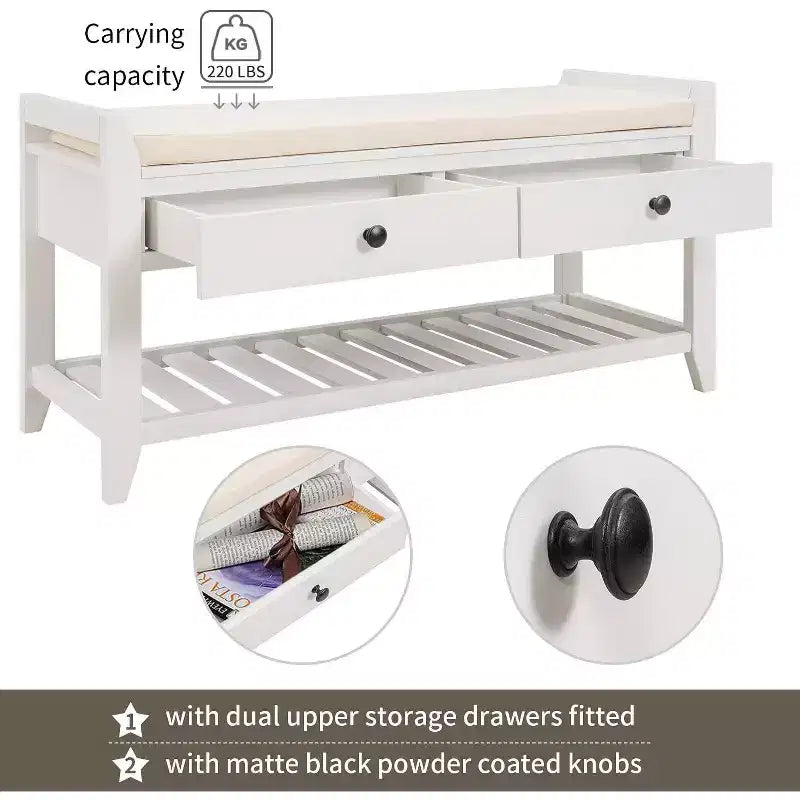 Acekool 35.4 Farmhouse Storage Bench with Cushion, 2-Tier Entryway Bench with Shelf & 2 Drawers for Bedroom, Hallway, Living Room, White