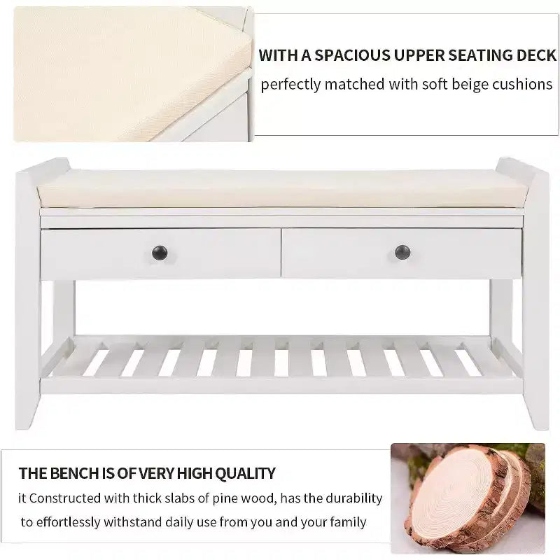Acekool 35.4 Farmhouse Storage Bench with Cushion, 2-Tier Entryway Bench with Shelf & 2 Drawers for Bedroom, Hallway, Living Room, White