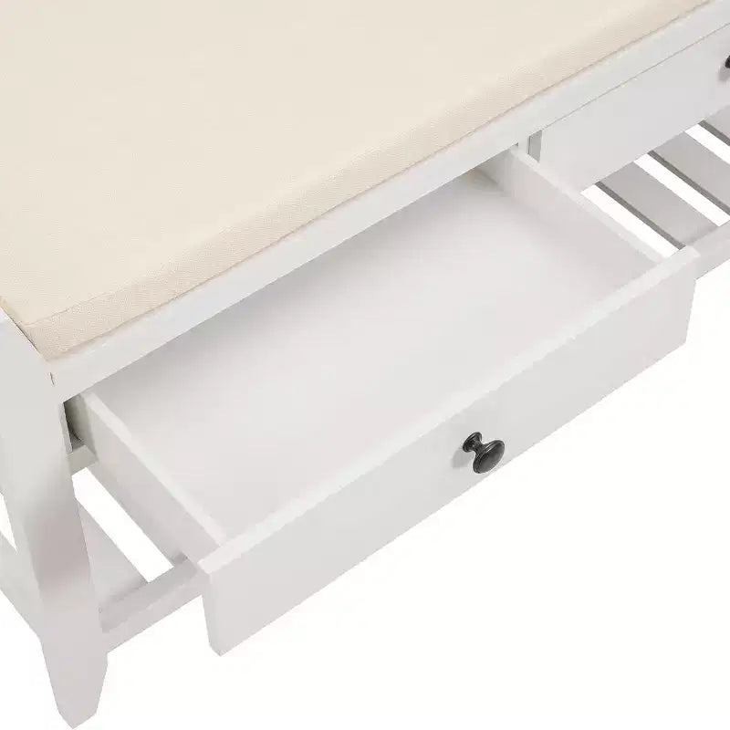 Acekool 35.4 Farmhouse Storage Bench with Cushion, 2-Tier Entryway Bench with Shelf & 2 Drawers for Bedroom, Hallway, Living Room, White