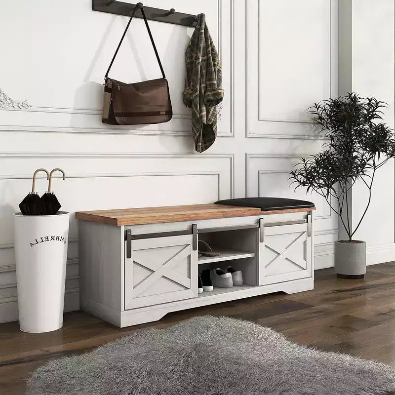 Acekool 2-Tier Entryway Shoe Bench with Cushion, Sliding Door & Adjustable Shelf, Large Storage Organizer for Narrow Spaces, White