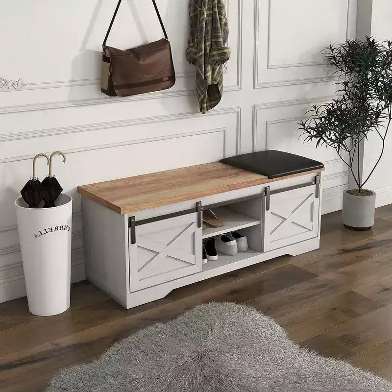 Acekool 2-Tier Entryway Shoe Bench with Cushion, Sliding Door & Adjustable Shelf, Large Storage Organizer for Narrow Spaces, White