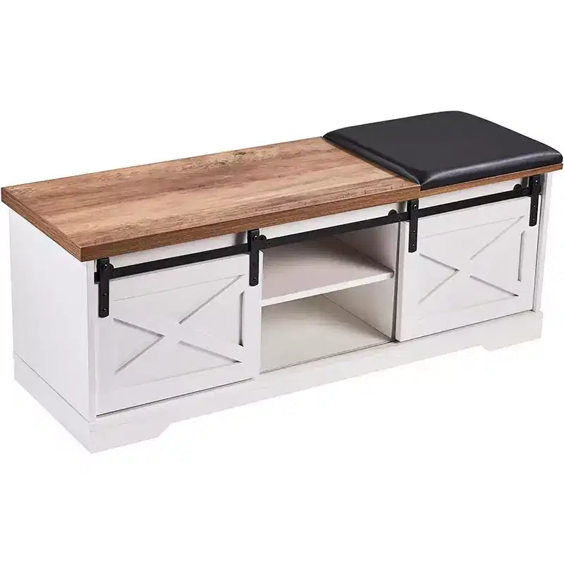 Acekool 2-Tier Entryway Shoe Bench with Cushion, Sliding Door & Adjustable Shelf, Large Storage Organizer for Narrow Spaces, White