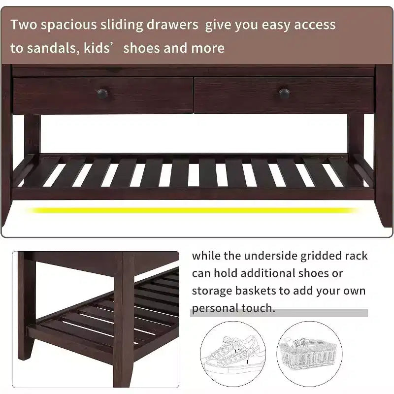 Acekool 35.4 Farmhouse Storage Bench with Cushion, 2-Tier Entryway Bench with Shelf & 2 Drawers for Bedroom, Hallway, Living Room, Espresso