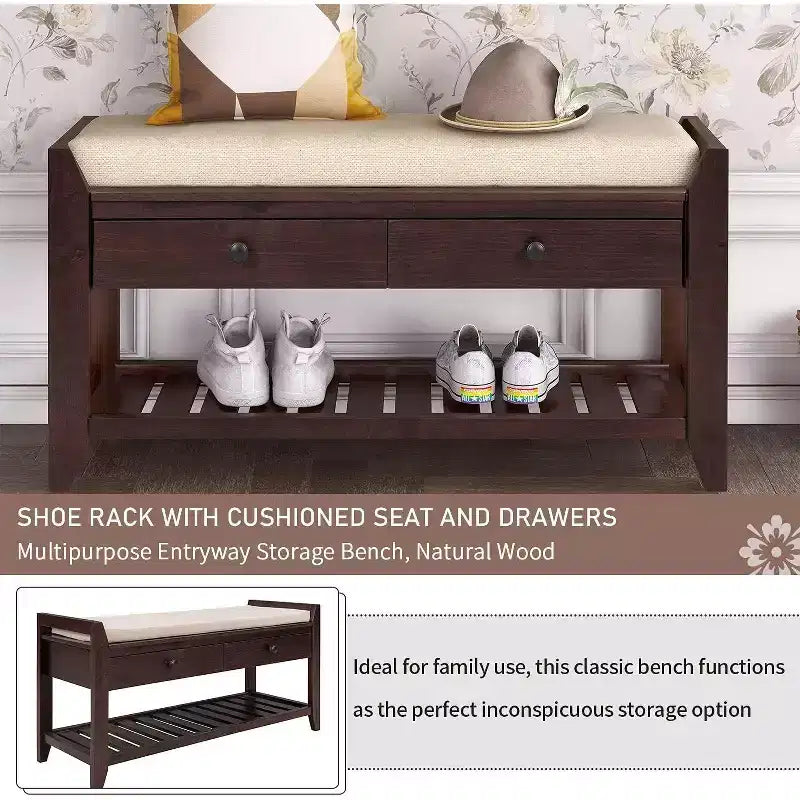 Acekool 35.4 Farmhouse Storage Bench with Cushion, 2-Tier Entryway Bench with Shelf & 2 Drawers for Bedroom, Hallway, Living Room, Espresso