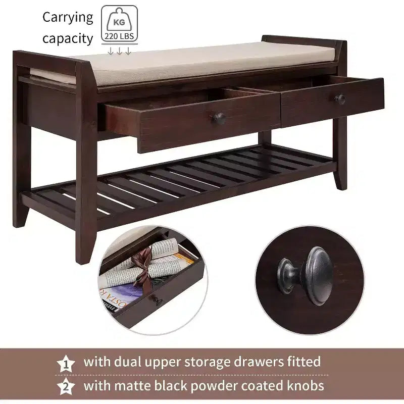 Acekool 35.4 Farmhouse Storage Bench with Cushion, 2-Tier Entryway Bench with Shelf & 2 Drawers for Bedroom, Hallway, Living Room, Espresso