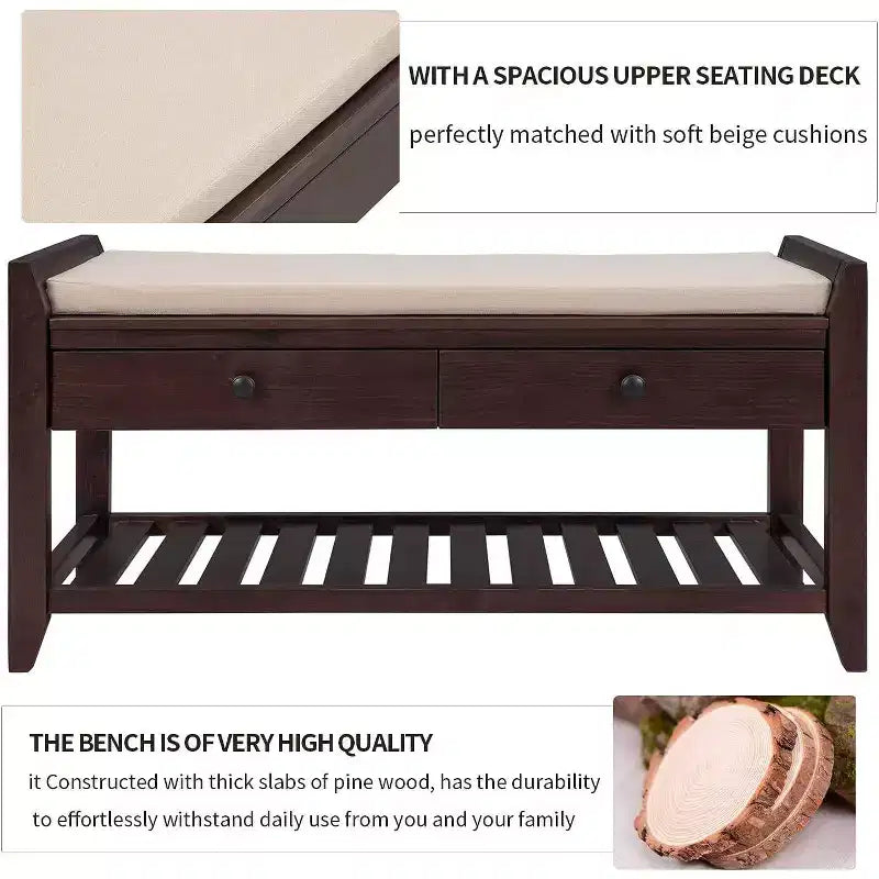 Acekool 35.4 Farmhouse Storage Bench with Cushion, 2-Tier Entryway Bench with Shelf & 2 Drawers for Bedroom, Hallway, Living Room, Espresso