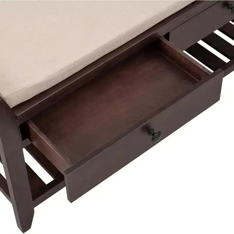 Acekool 35.4 Farmhouse Storage Bench with Cushion, 2-Tier Entryway Bench with Shelf & 2 Drawers for Bedroom, Hallway, Living Room, Espresso