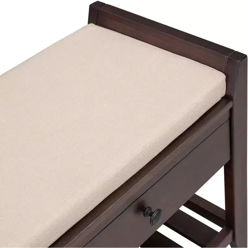Acekool 35.4 Farmhouse Storage Bench with Cushion, 2-Tier Entryway Bench with Shelf & 2 Drawers for Bedroom, Hallway, Living Room, Espresso