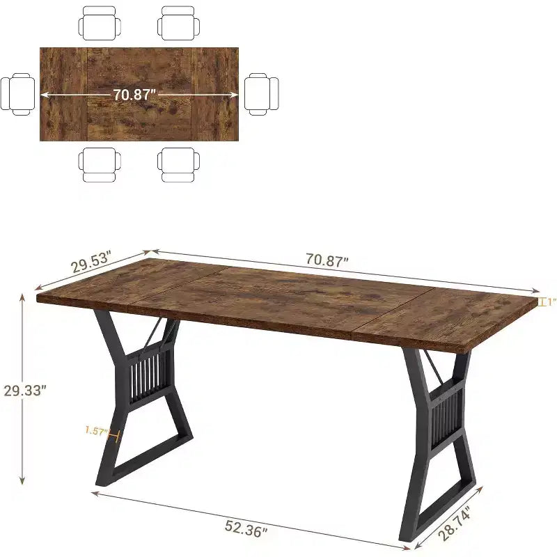 Table de salle à manger 4-6 personnes 180 cm, table de cuisine de style ferme avec pieds en métal robuste, longue table en bois pour cuisine, salon