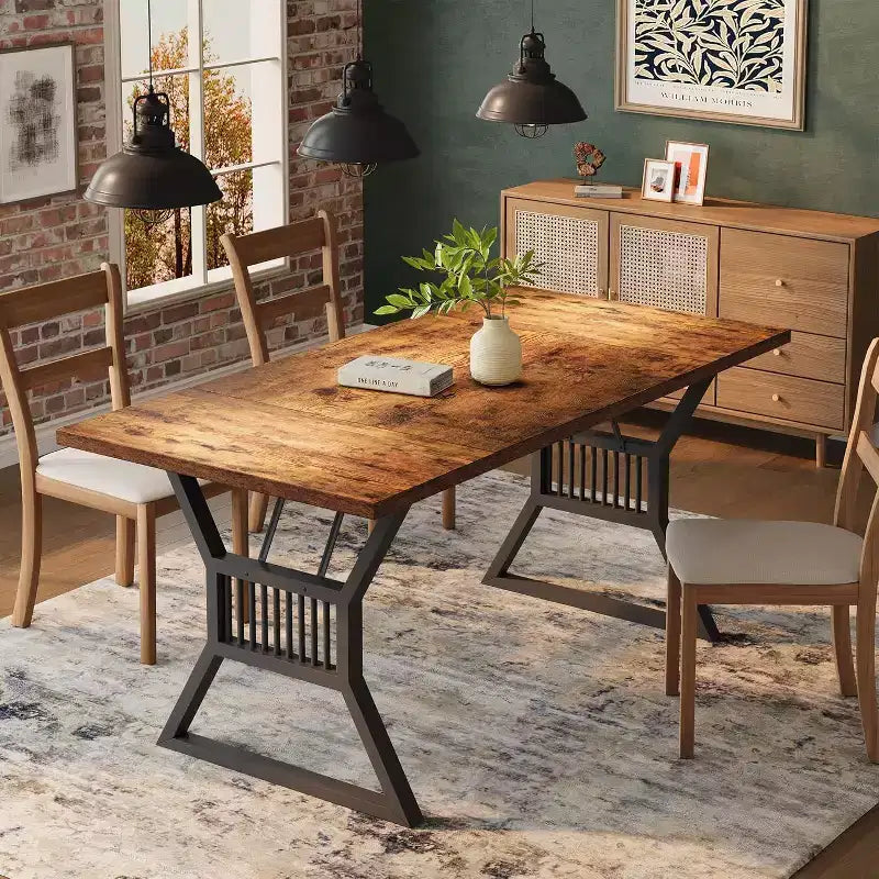 Table de salle à manger 4-6 personnes 180 cm, table de cuisine de style ferme avec pieds en métal robuste, longue table en bois pour cuisine, salon