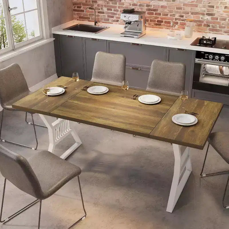 Table de salle à manger 4-6 personnes 180 cm, table de cuisine de style ferme avec pieds en métal robuste, longue table en bois pour cuisine, salon