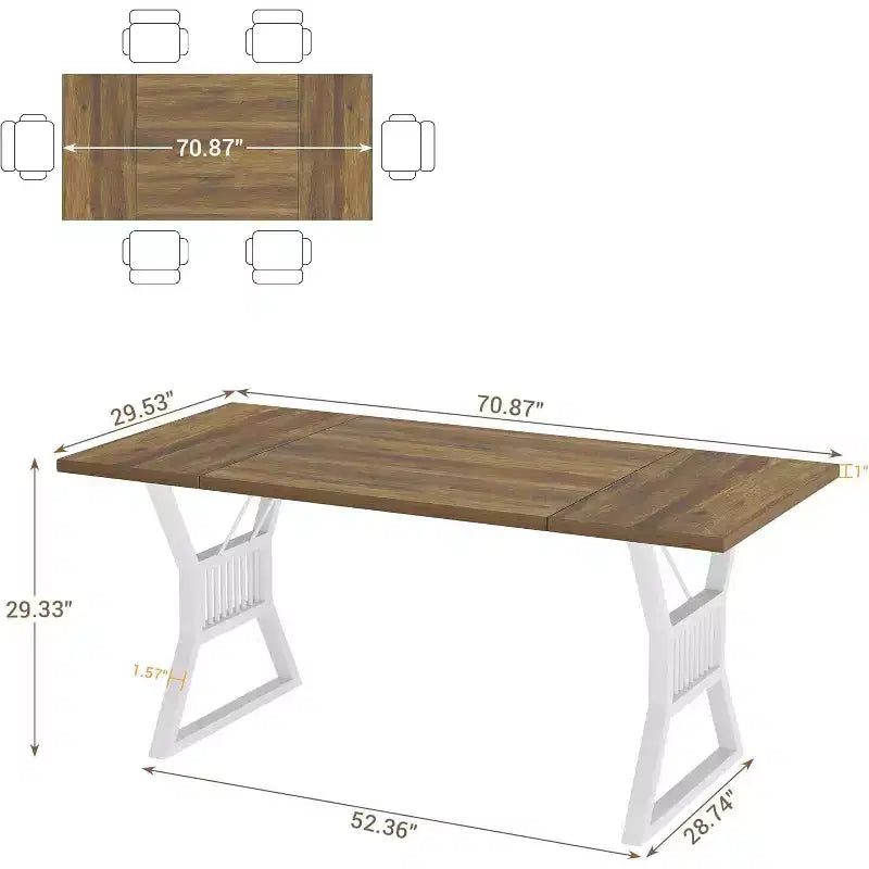 Table de salle à manger 4-6 personnes 180 cm, table de cuisine de style ferme avec pieds en métal robuste, longue table en bois pour cuisine, salon