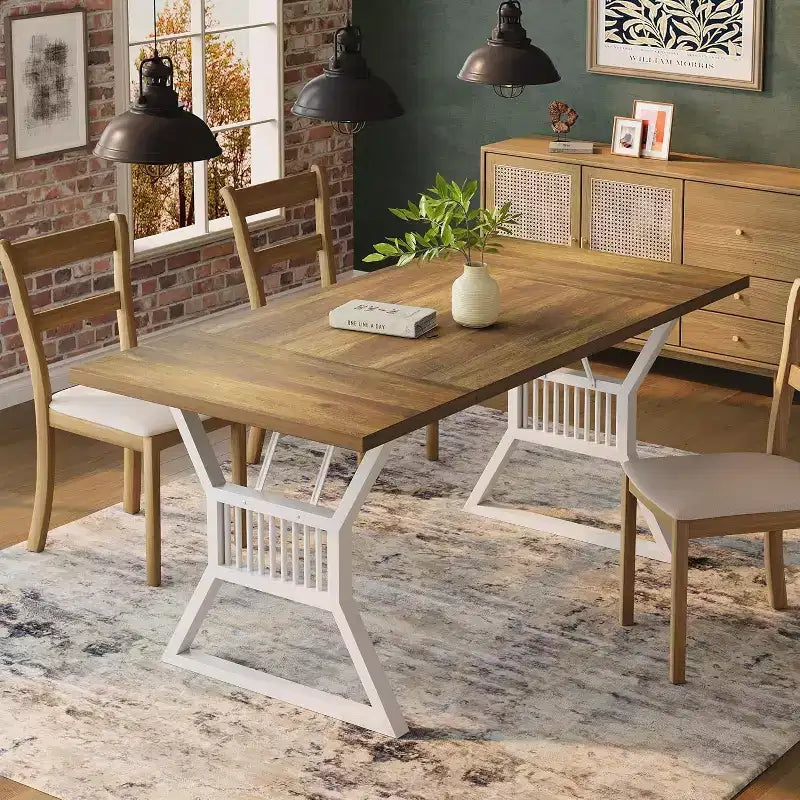 Table de salle à manger 4-6 personnes 180 cm, table de cuisine de style ferme avec pieds en métal robuste, longue table en bois pour cuisine, salon