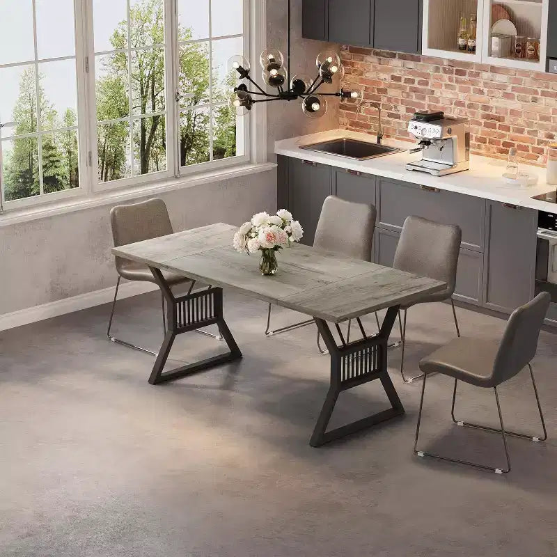 Table de salle à manger 4-6 personnes 180 cm, table de cuisine de style ferme avec pieds en métal robuste, longue table en bois pour cuisine, salon