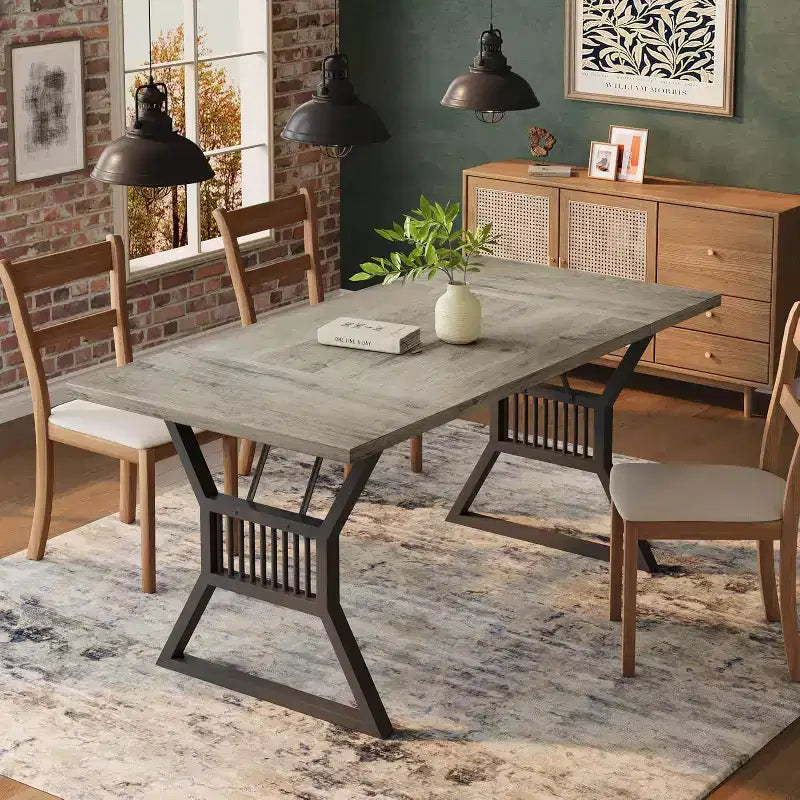 Table de salle à manger 4-6 personnes 180 cm, table de cuisine de style ferme avec pieds en métal robuste, longue table en bois pour cuisine, salon