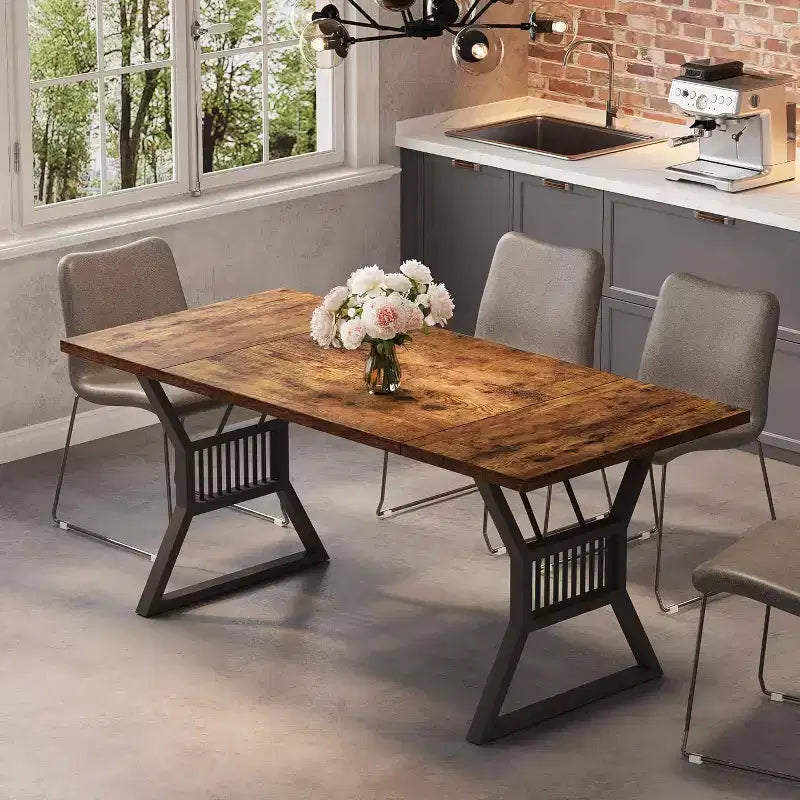Table de salle à manger 4-6 personnes 180 cm, table de cuisine de style ferme avec pieds en métal robuste, longue table en bois pour cuisine, salon