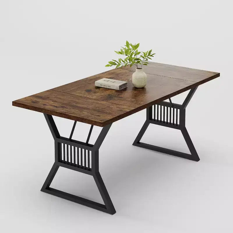 Table de salle à manger 4-6 personnes 180 cm, table de cuisine de style ferme avec pieds en métal robuste, longue table en bois pour cuisine, salon