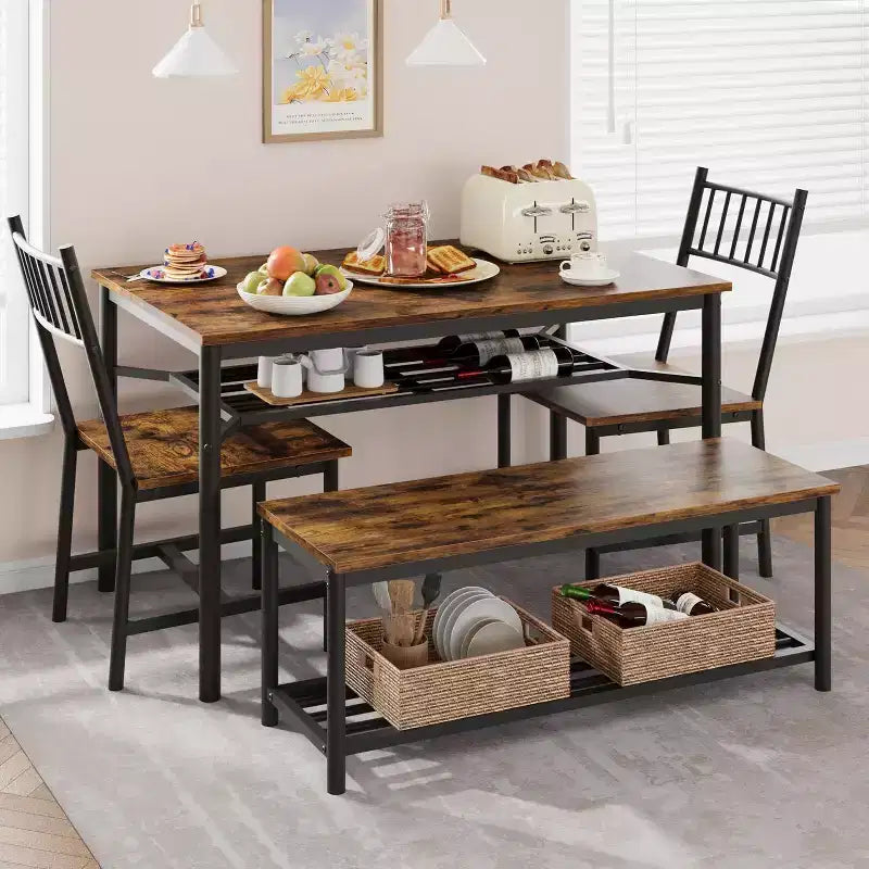 Ensemble de salle à manger CuisinSmart pour 4 avec banc et 2 chaises, table de cuisine rectangulaire avec casier à vin et bancs de rangement