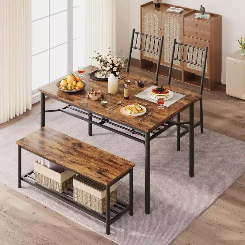 Ensemble de salle à manger CuisinSmart pour 4 avec banc et 2 chaises, table de cuisine rectangulaire avec casier à vin et bancs de rangement