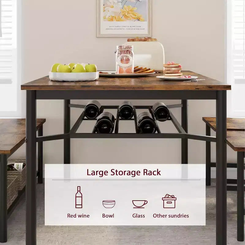 Ensemble de salle à manger CuisinSmart pour 4 avec banc et 2 chaises, table de cuisine rectangulaire avec casier à vin et bancs de rangement
