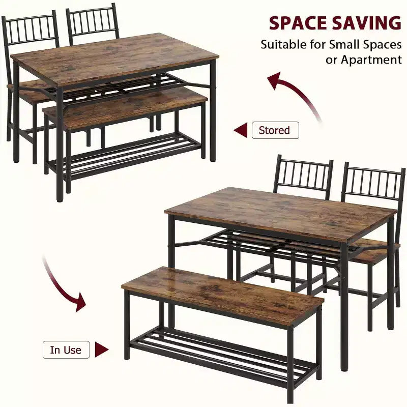 Ensemble de salle à manger CuisinSmart pour 4 avec banc et 2 chaises, table de cuisine rectangulaire avec casier à vin et bancs de rangement