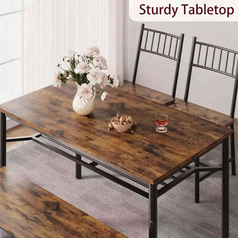 Ensemble de salle à manger CuisinSmart pour 4 avec banc et 2 chaises, table de cuisine rectangulaire avec casier à vin et bancs de rangement