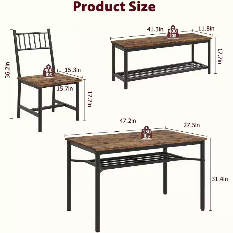 Ensemble de salle à manger CuisinSmart pour 4 avec banc et 2 chaises, table de cuisine rectangulaire avec casier à vin et bancs de rangement