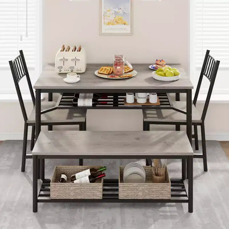 Ensemble de salle à manger CuisinSmart pour 4 avec banc et 2 chaises, table de cuisine rectangulaire avec casier à vin et bancs de rangement