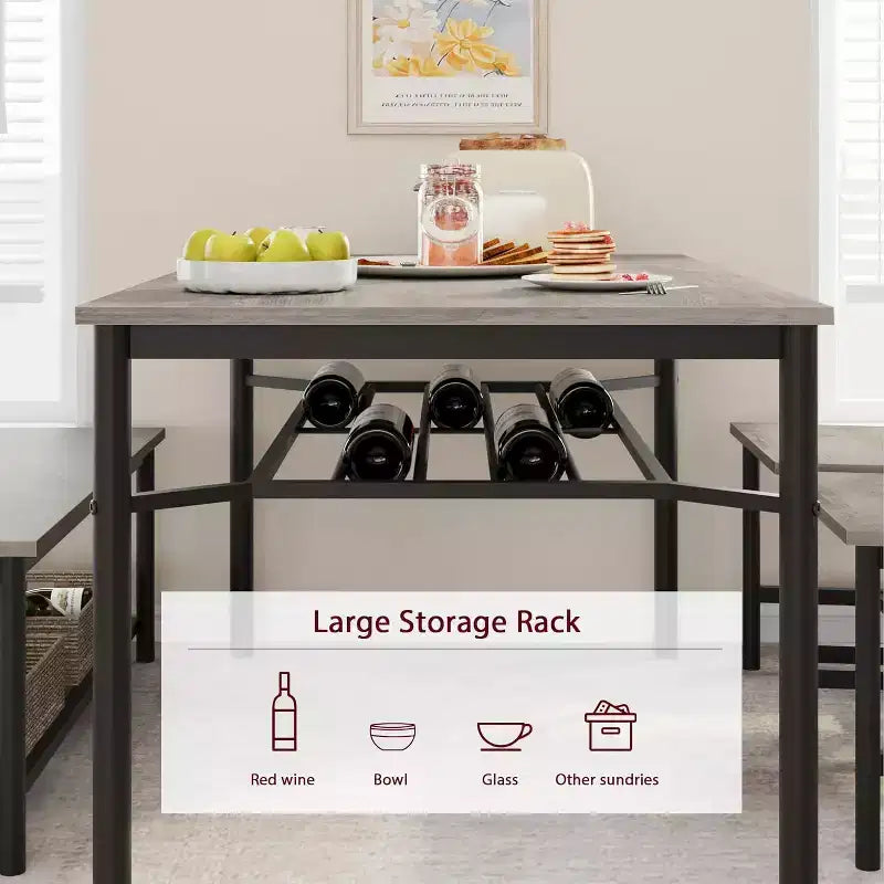 Ensemble de salle à manger CuisinSmart pour 4 avec banc et 2 chaises, table de cuisine rectangulaire avec casier à vin et bancs de rangement