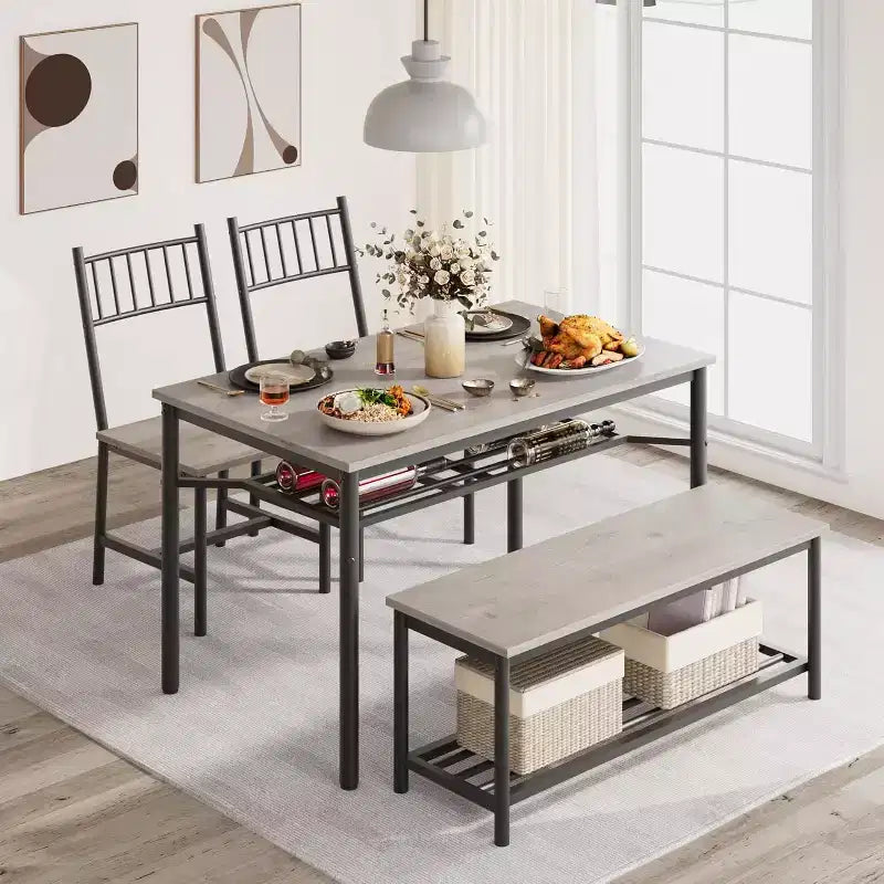 Ensemble de salle à manger CuisinSmart pour 4 avec banc et 2 chaises, table de cuisine rectangulaire avec casier à vin et bancs de rangement