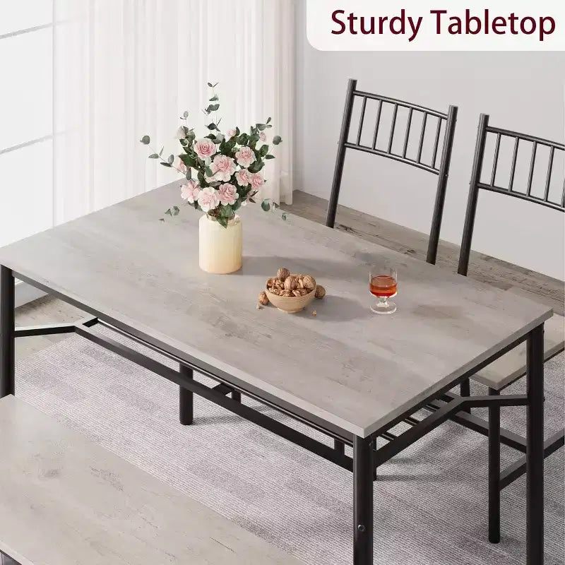 Ensemble de salle à manger CuisinSmart pour 4 avec banc et 2 chaises, table de cuisine rectangulaire avec casier à vin et bancs de rangement