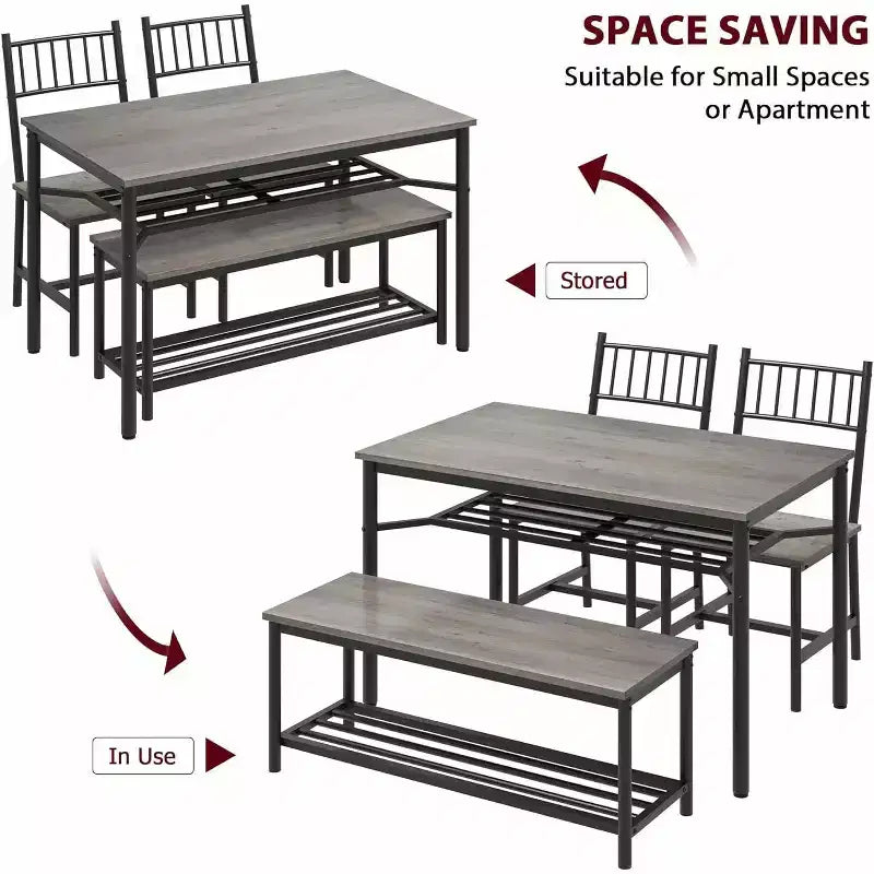 Ensemble de salle à manger CuisinSmart pour 4 avec banc et 2 chaises, table de cuisine rectangulaire avec casier à vin et bancs de rangement
