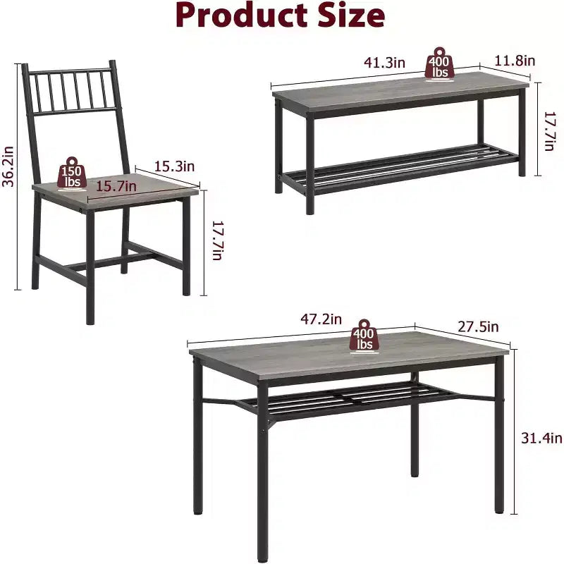 Ensemble de salle à manger CuisinSmart pour 4 avec banc et 2 chaises, table de cuisine rectangulaire avec casier à vin et bancs de rangement
