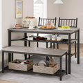 CuisinSmart Dining Table Set for 4 with Bench and 2 Chairs, Rectangular Kitchen Table Set with Wine Rack and Storage Benches