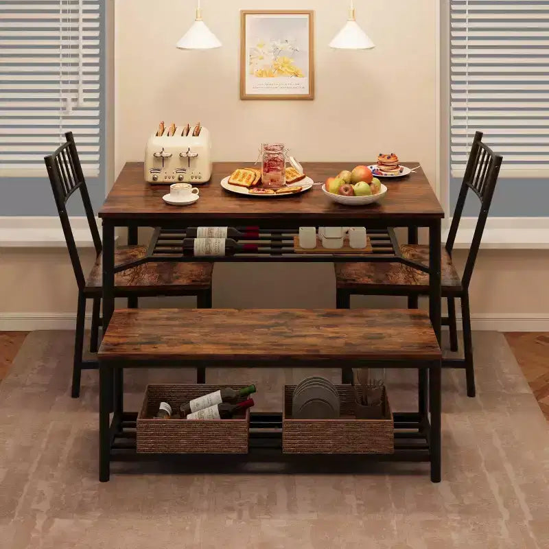 Ensemble de salle à manger CuisinSmart pour 4 avec banc et 2 chaises, table de cuisine rectangulaire avec casier à vin et bancs de rangement